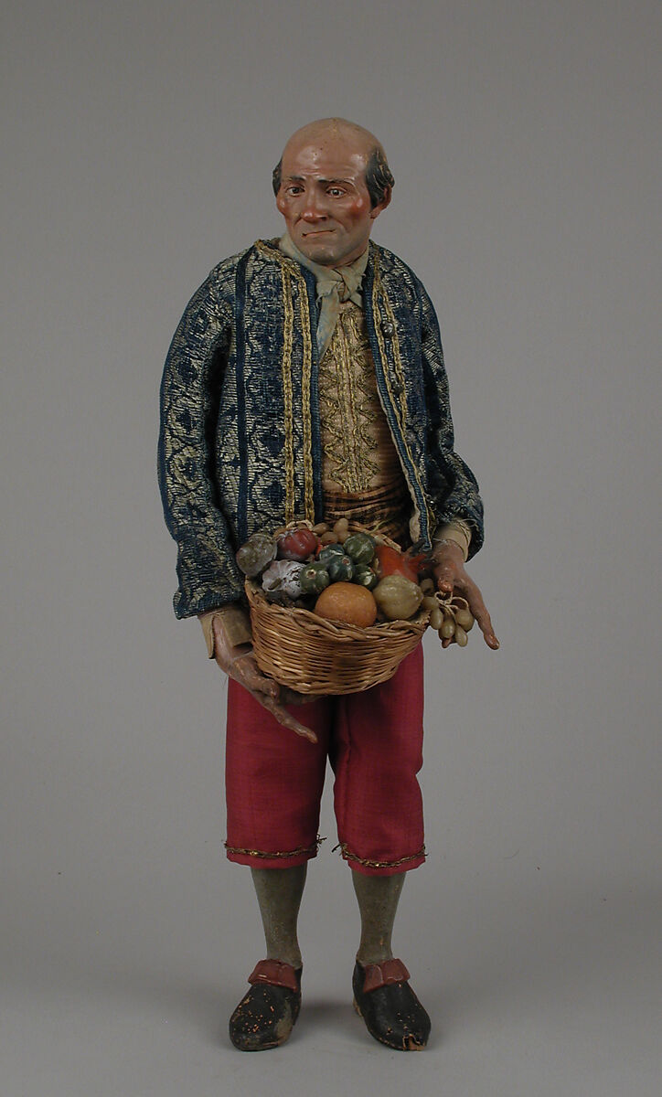 Man, Polychromed terracotta head and wooden limbs; body of wire wrapped in tow; various fabrics; gold metallic thread; silver buttons, Italian, Naples 