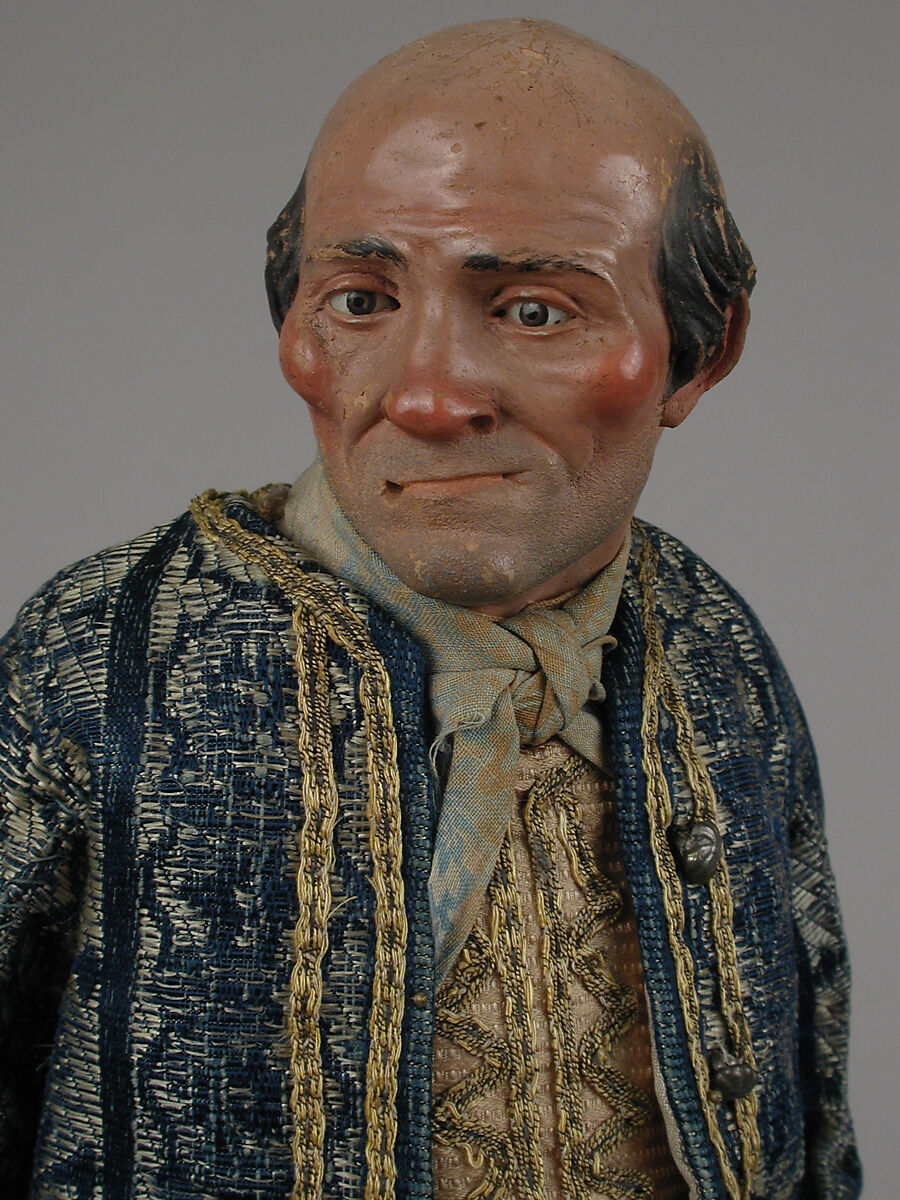 Man, Polychromed terracotta head and wooden limbs; body of wire wrapped in tow; various fabrics; gold metallic thread; silver buttons, Italian, Naples