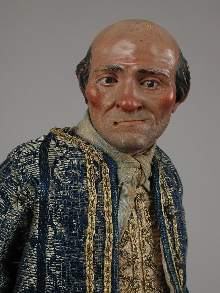 Man, Polychromed terracotta head and wooden limbs; body of wire wrapped in tow; various fabrics; gold metallic thread; silver buttons, Italian, Naples