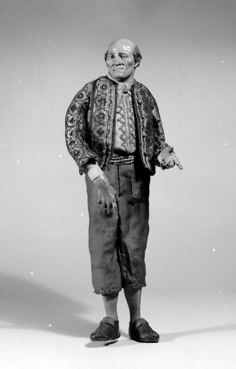 Man, Polychromed terracotta head and wooden limbs; body of wire wrapped in tow; various fabrics; gold metallic thread; silver buttons, Italian, Naples