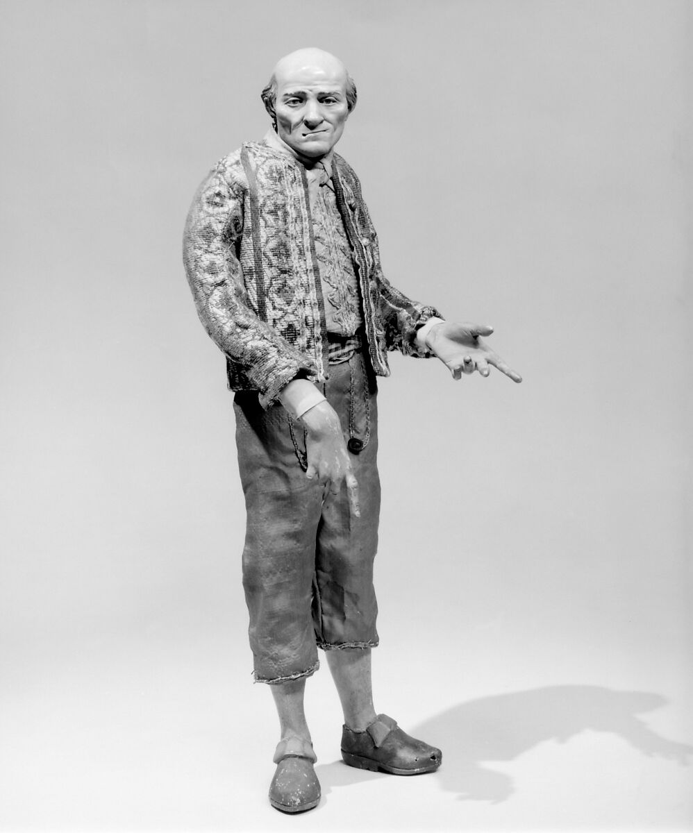 Man, Polychromed terracotta head and wooden limbs; body of wire wrapped in tow; various fabrics; gold metallic thread; silver buttons, Italian, Naples