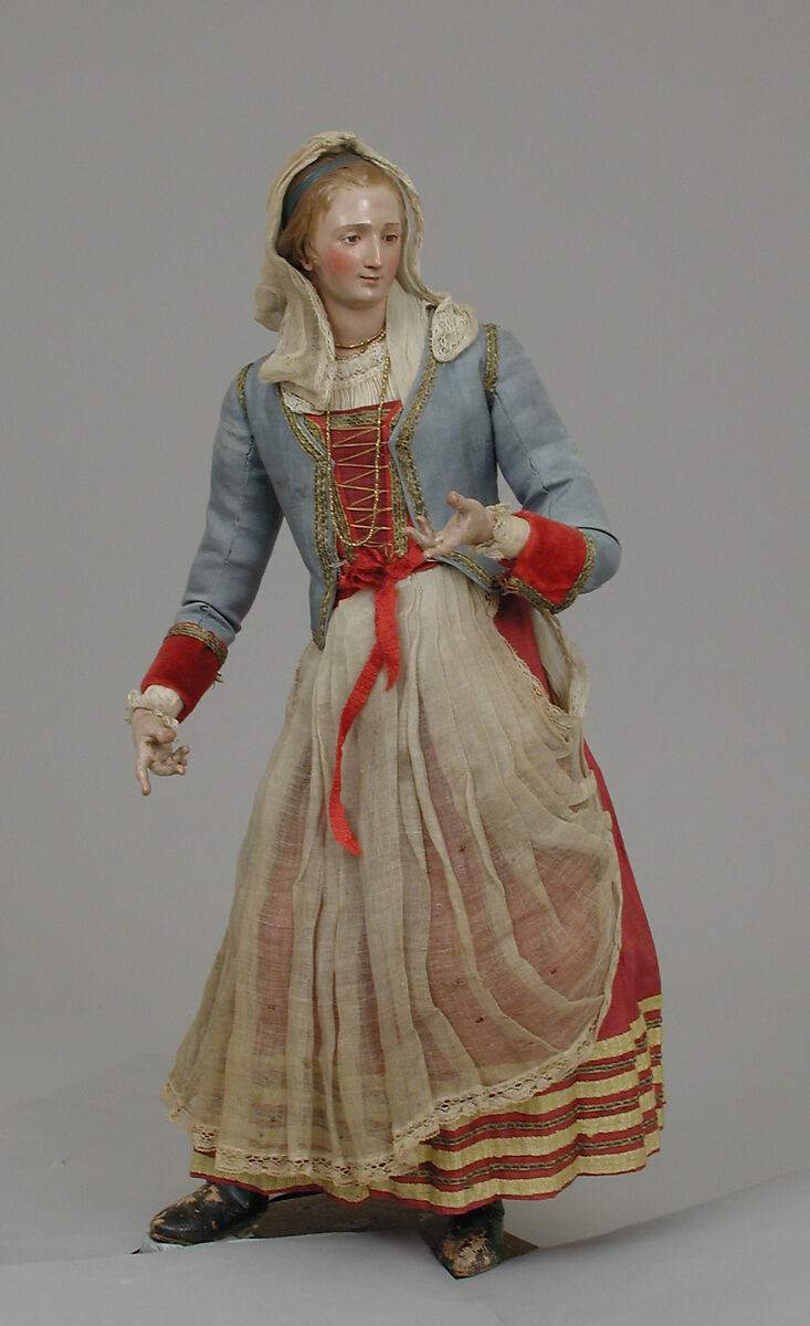 Woman, Lorenzo Mosca (died 1789), Polychromed terracotta head and wooden limbs; body of wire wrapped in tow; various fabrics and lace, Italian, Naples 