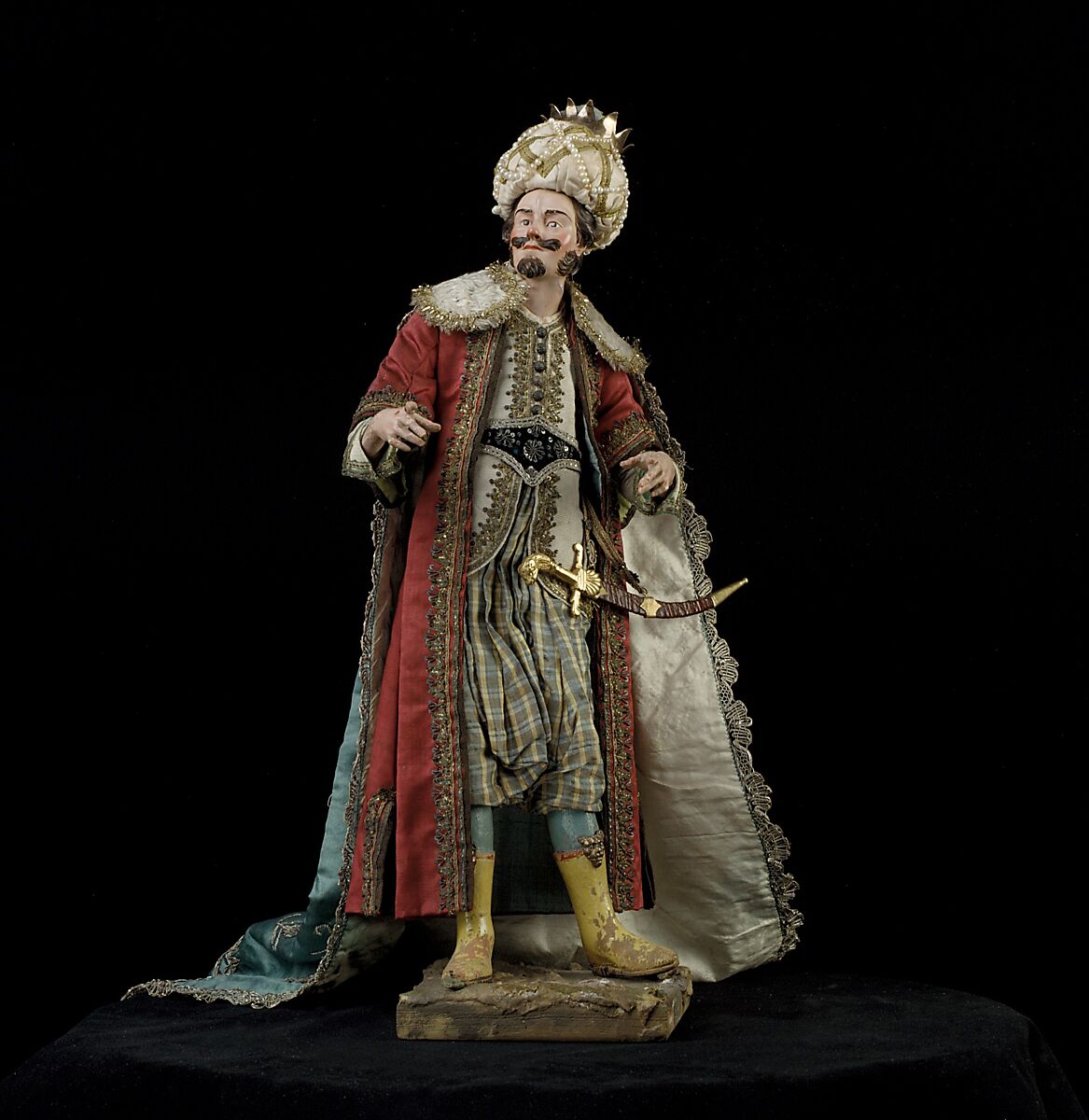 King, Nicola Ingaldi (active late 18th–early 19th century), Polychromed terracotta head and wooden limbs; body of wire wrapped in tow; satin, silk and velvet garments; silver and metallic thread; silver-gilt sword and crown; leather sheath, Italian, Naples 