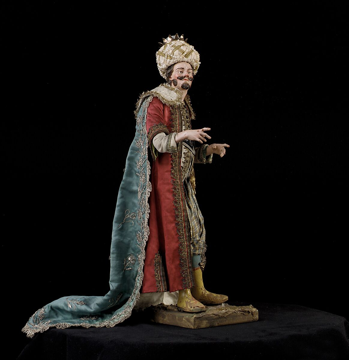King, Nicola Ingaldi (active late 18th–early 19th century), Polychromed terracotta head and wooden limbs; body of wire wrapped in tow; satin, silk and velvet garments; silver and metallic thread; silver-gilt sword and crown; leather sheath, Italian, Naples