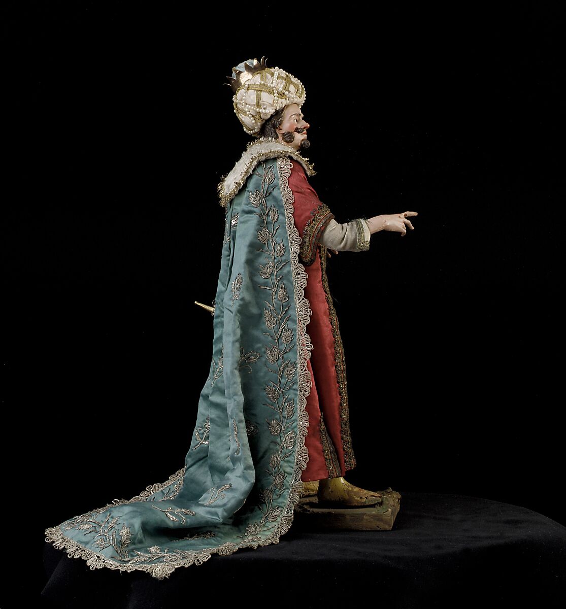 King, Nicola Ingaldi (active late 18th–early 19th century), Polychromed terracotta head and wooden limbs; body of wire wrapped in tow; satin, silk and velvet garments; silver and metallic thread; silver-gilt sword and crown; leather sheath, Italian, Naples