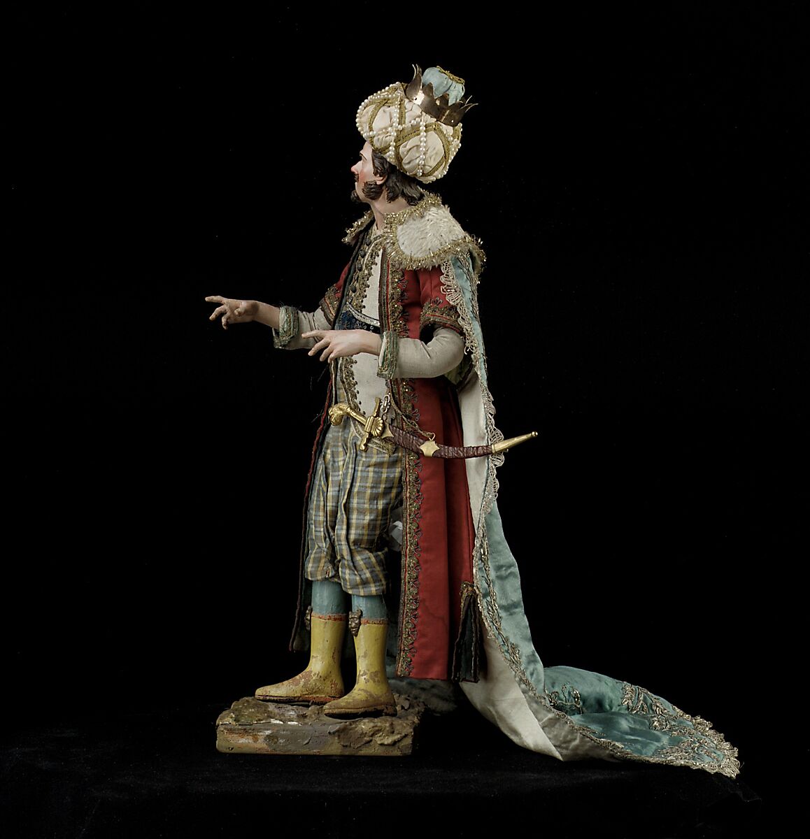 King, Nicola Ingaldi (active late 18th–early 19th century), Polychromed terracotta head and wooden limbs; body of wire wrapped in tow; satin, silk and velvet garments; silver and metallic thread; silver-gilt sword and crown; leather sheath, Italian, Naples
