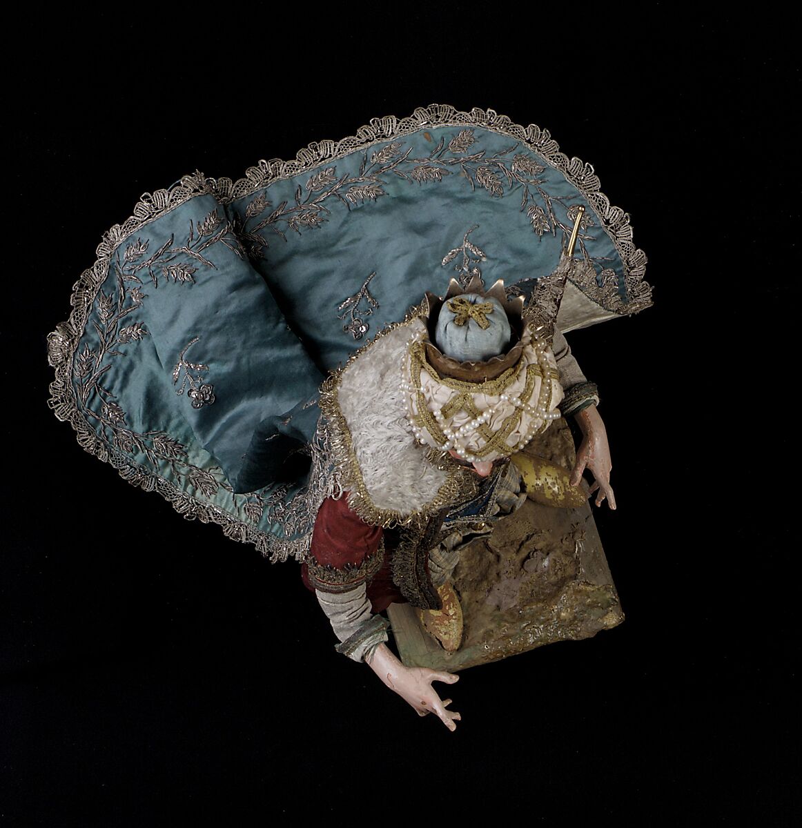 King, Nicola Ingaldi (active late 18th–early 19th century), Polychromed terracotta head and wooden limbs; body of wire wrapped in tow; satin, silk and velvet garments; silver and metallic thread; silver-gilt sword and crown; leather sheath, Italian, Naples