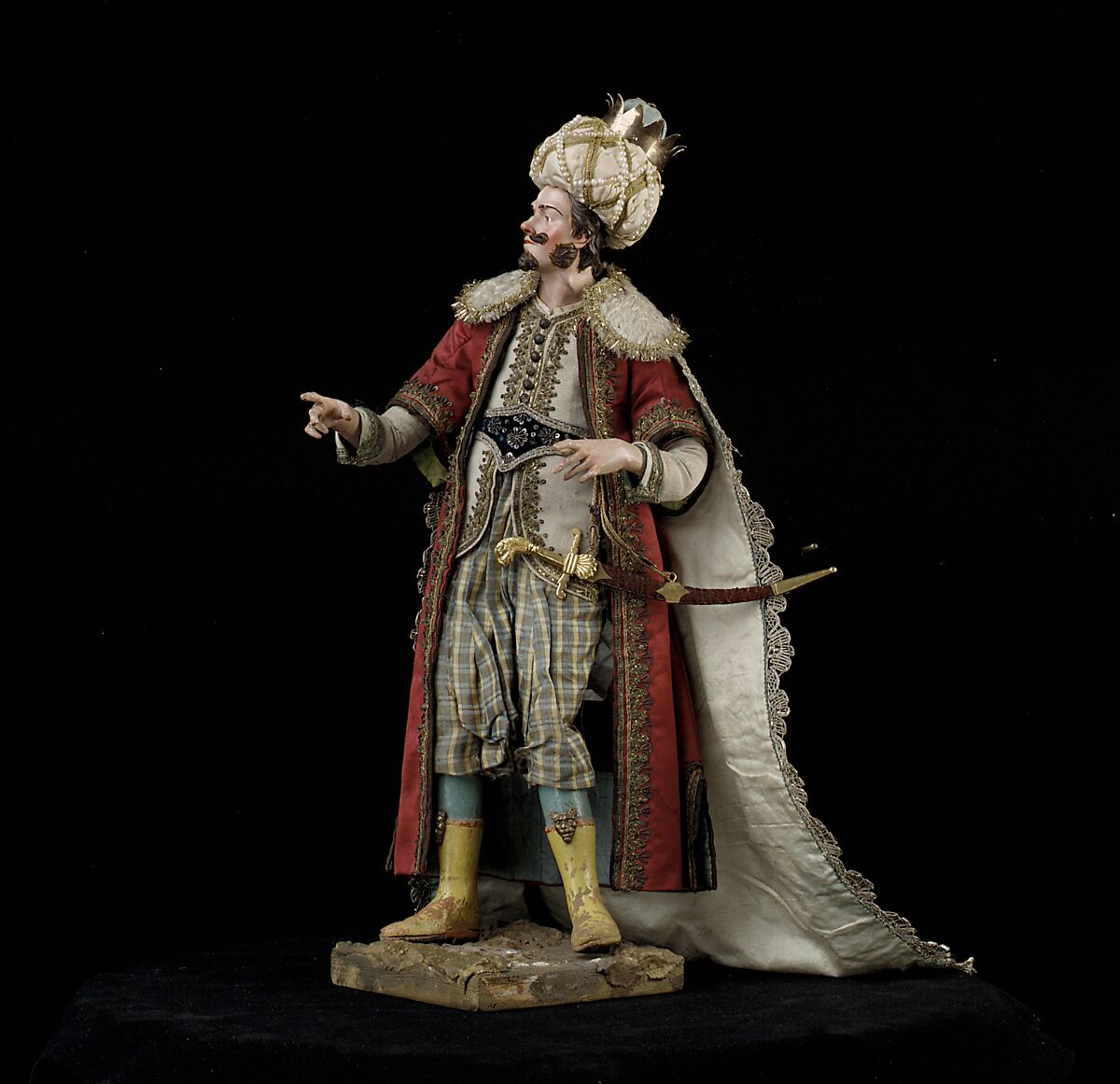 King, Nicola Ingaldi (active late 18th–early 19th century), Polychromed terracotta head and wooden limbs; body of wire wrapped in tow; satin, silk and velvet garments; silver and metallic thread; silver-gilt sword and crown; leather sheath, Italian, Naples