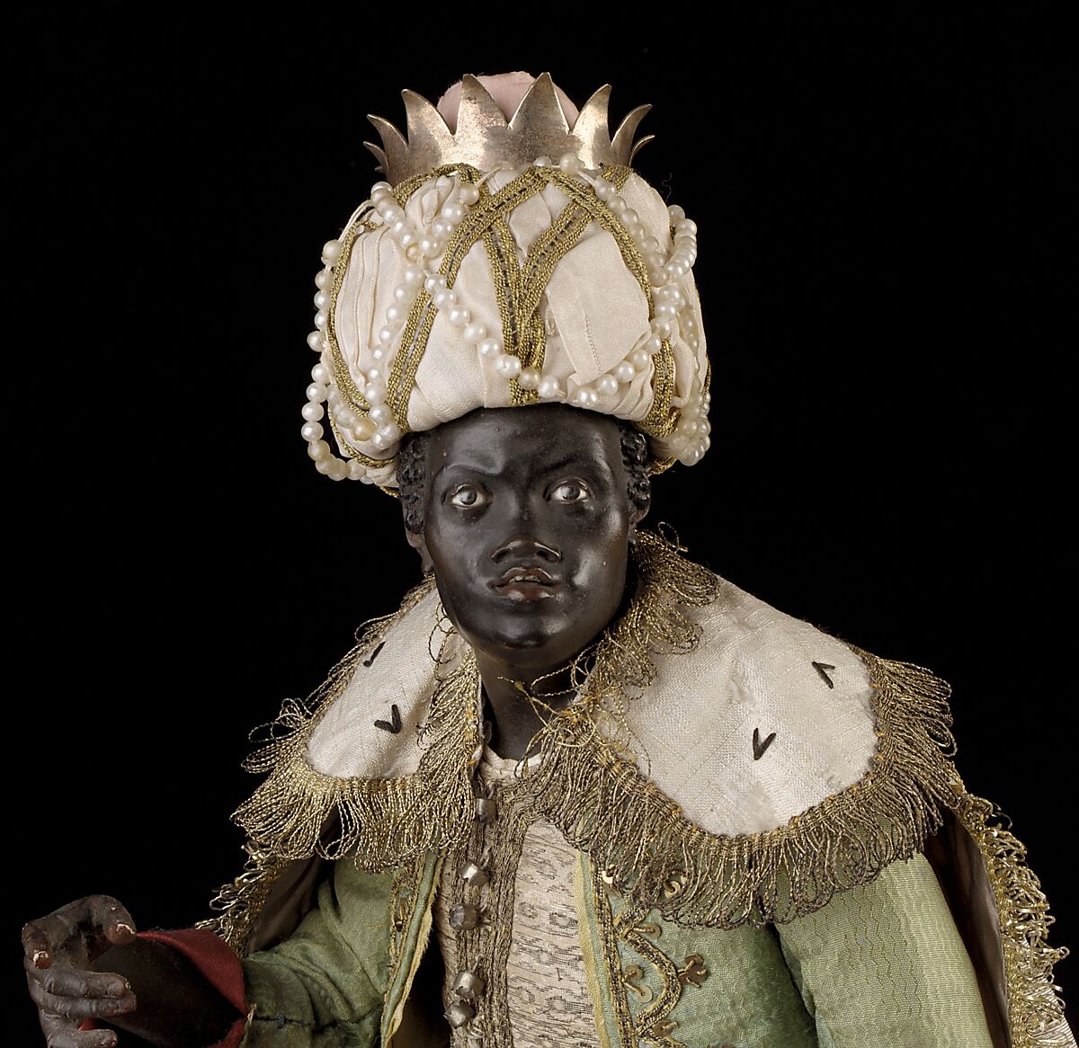 Moorish king, Polychromed terracotta head and wooden limbs; body of wire wrapped in tow; satin, silk and velvet garments; silver and gold metallic thread; glass buttons; coral beads and pearls; silver-gilt crown, Italian, Naples