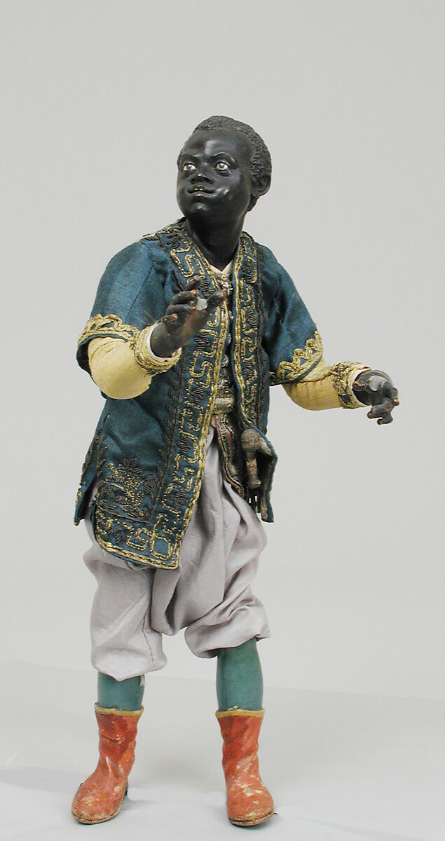 King's Moorish attendant, Polychromed terracotta head and wooden limbs; body of wire wrapped in tow; silk and satin garments with silver and gold metallic thread; cotton turban, Italian, Naples