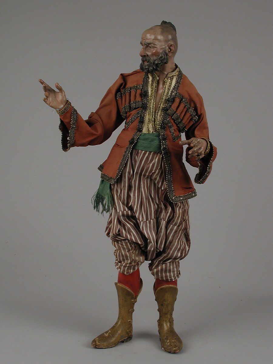 King's attendant, Attributed to Giuseppe Sanmartino (Italian, 1720–1793), Polychromed terracotta head and wooden limbs; body of wire wrapped in tow; silk and satin garments with silver and gold metallic thread; brass dagger in velvet sheath, Italian, Naples 