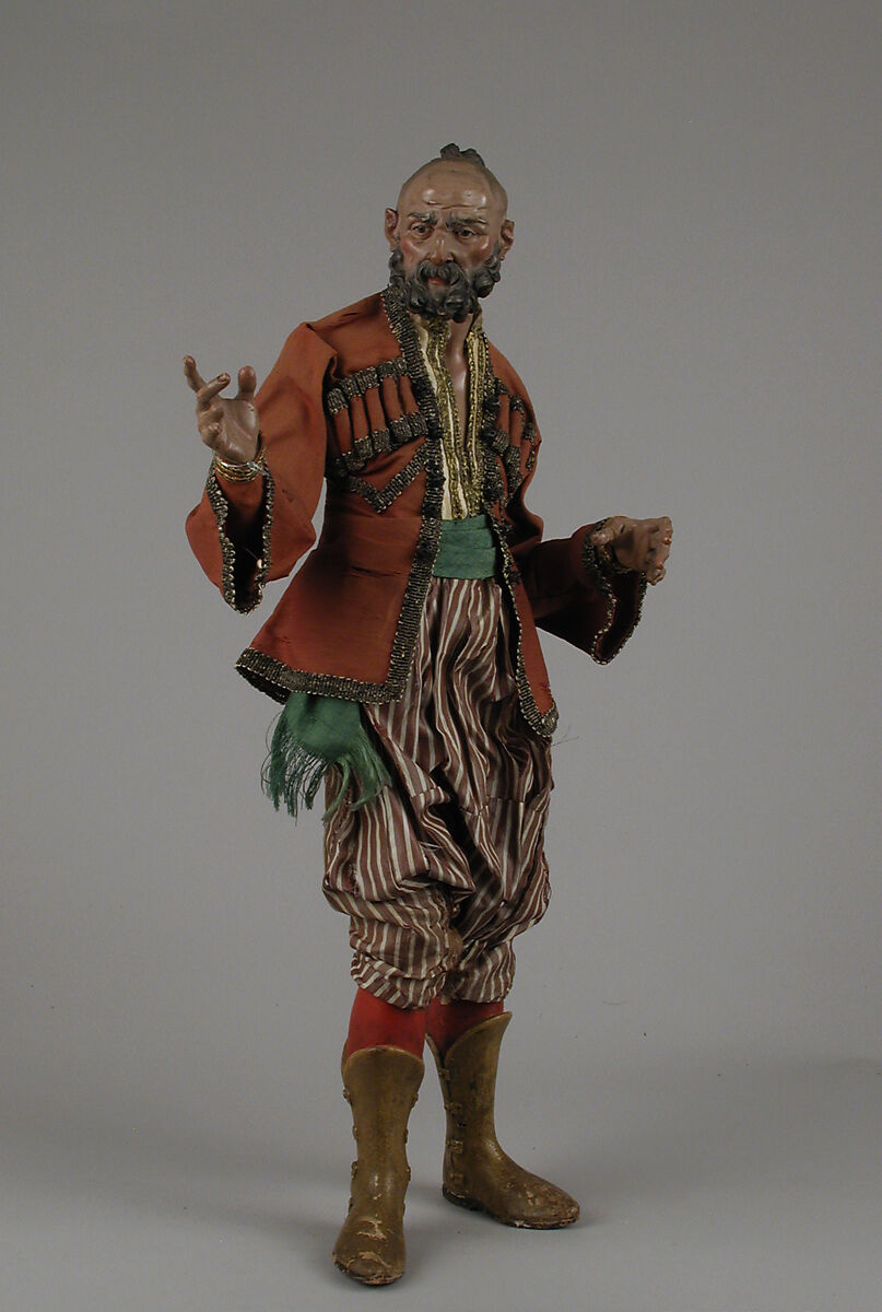 King's attendant, Attributed to Giuseppe Sanmartino (Italian, 1720–1793), Polychromed terracotta head and wooden limbs; body of wire wrapped in tow; silk and satin garments with silver and gold metallic thread; brass dagger in velvet sheath, Italian, Naples