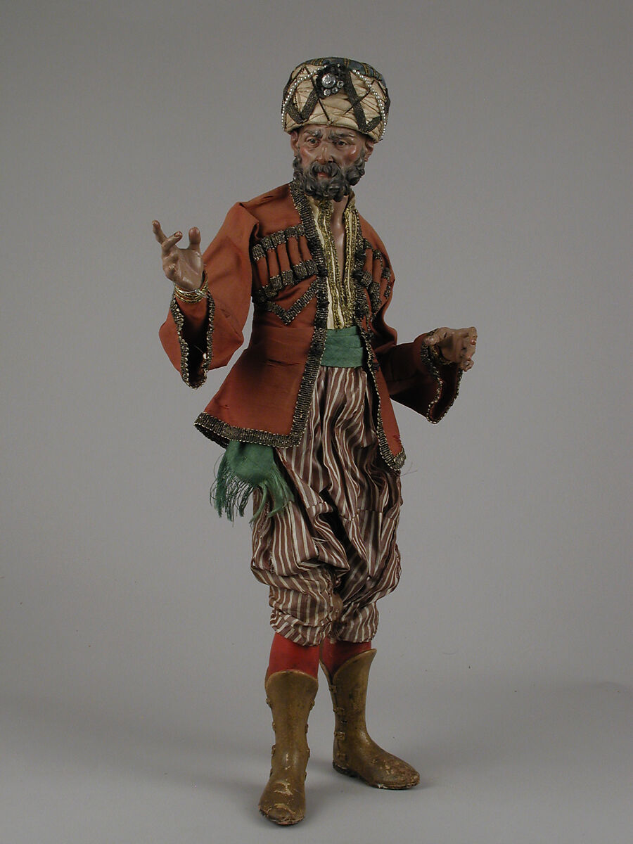 King's attendant, Attributed to Giuseppe Sanmartino (Italian, 1720–1793), Polychromed terracotta head and wooden limbs; body of wire wrapped in tow; silk and satin garments with silver and gold metallic thread; brass dagger in velvet sheath, Italian, Naples