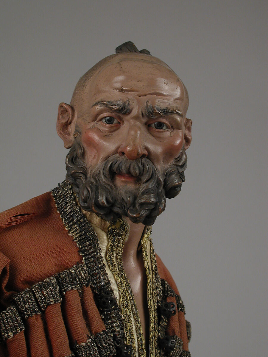 King's attendant, Attributed to Giuseppe Sanmartino (Italian, 1720–1793), Polychromed terracotta head and wooden limbs; body of wire wrapped in tow; silk and satin garments with silver and gold metallic thread; brass dagger in velvet sheath, Italian, Naples