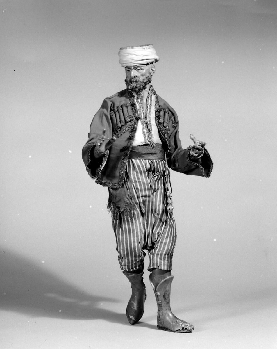 King's attendant, Attributed to Giuseppe Sanmartino (Italian, 1720–1793), Polychromed terracotta head and wooden limbs; body of wire wrapped in tow; silk and satin garments with silver and gold metallic thread; brass dagger in velvet sheath, Italian, Naples