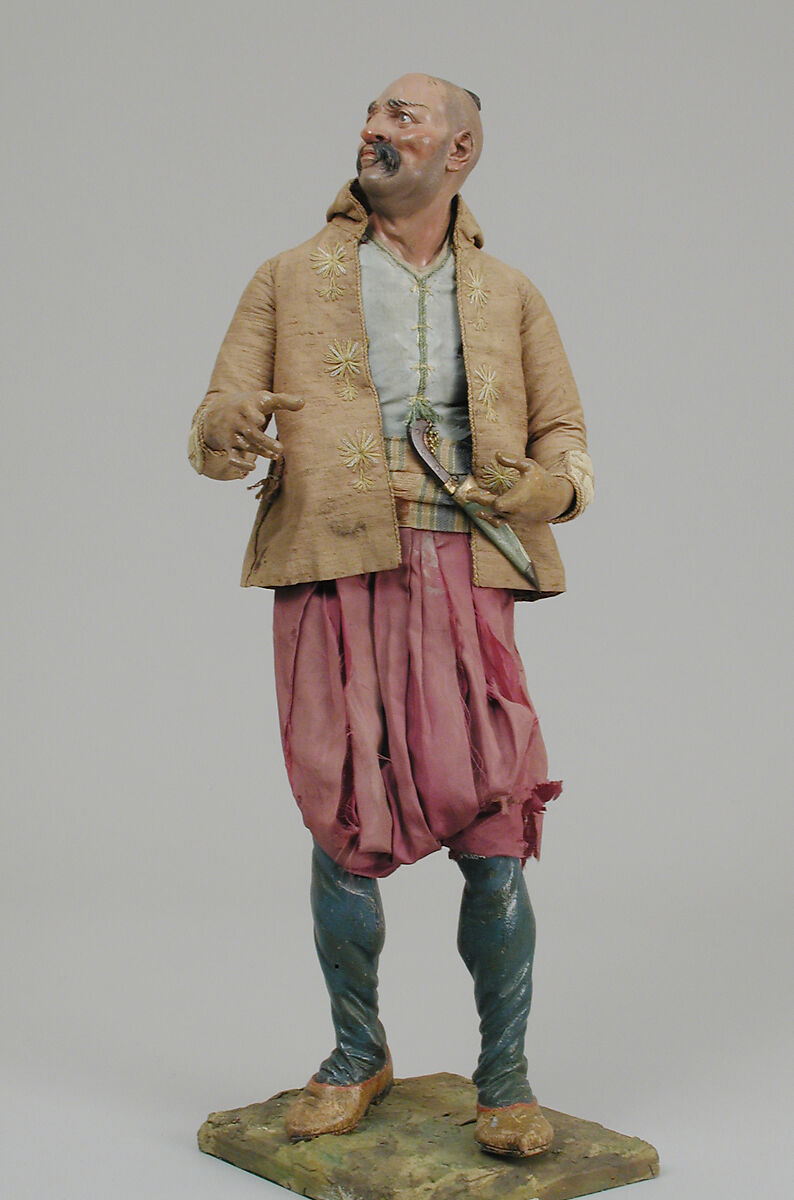 King's attendant, Lorenzo Mosca (died 1789), Polychromed terracotta head and wooden limbs; body of wire wrapped in tow; silk and satin garments with silver and gold metallic thread; dagger with silver blade and gold cross guard in paper sheath, Italian, Naples 