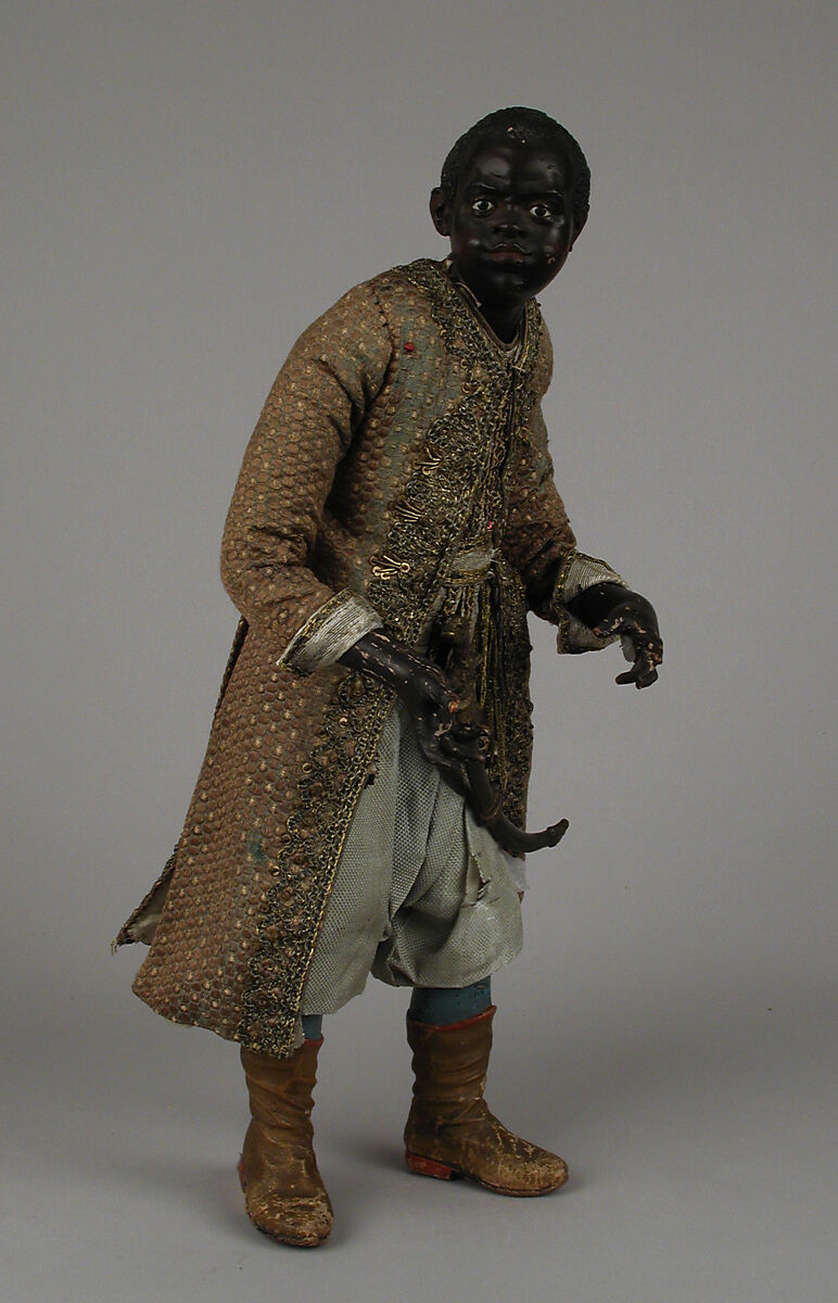 King's Moorish attendant, Polychromed terracotta head and wooden limbs; body of wire wrapped in tow; cotton and silk garments with silver and gold metallic thread; brass sword, Italian, Naples 