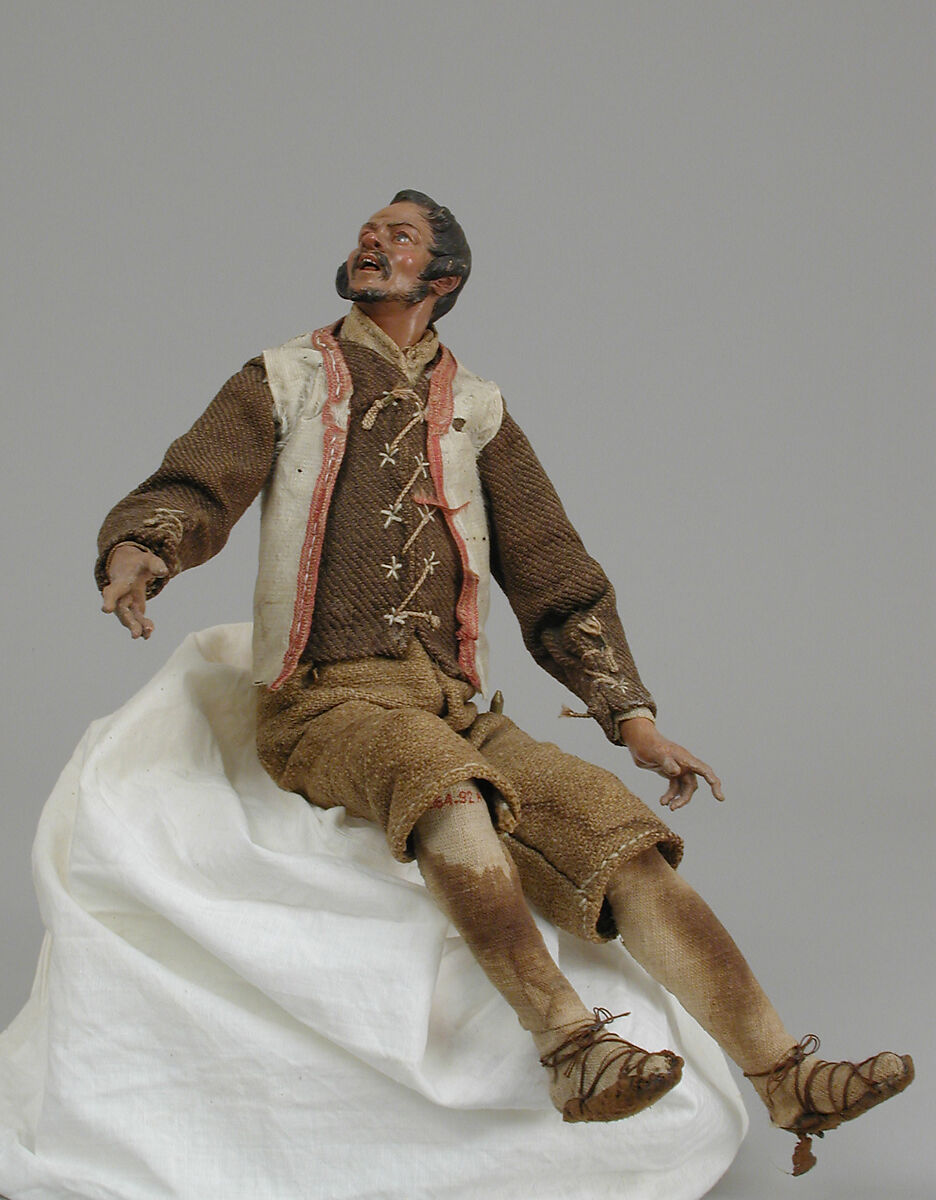 Shepherd, Polychromed terracotta head and wooden limbs; body of wire wrapped in tow; cotton and burlap garments; leather shoes, Italian, Naples 