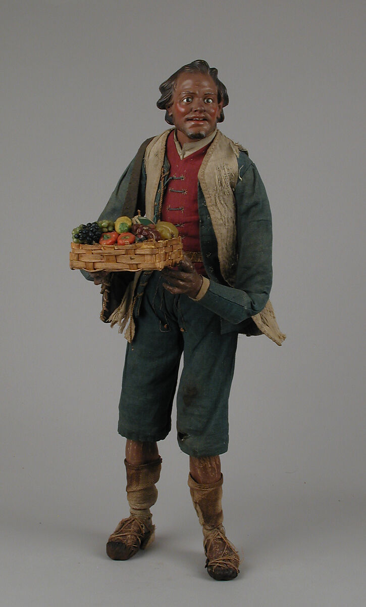 Shepherd, Attributed to Lorenzo Mosca (died 1789), Polychromed terracotta head and wooden limbs; body of wire wrapped in tow; cotton garments; leather belt with silver buckle; leather shoes and shoulder bag, Italian, Naples 