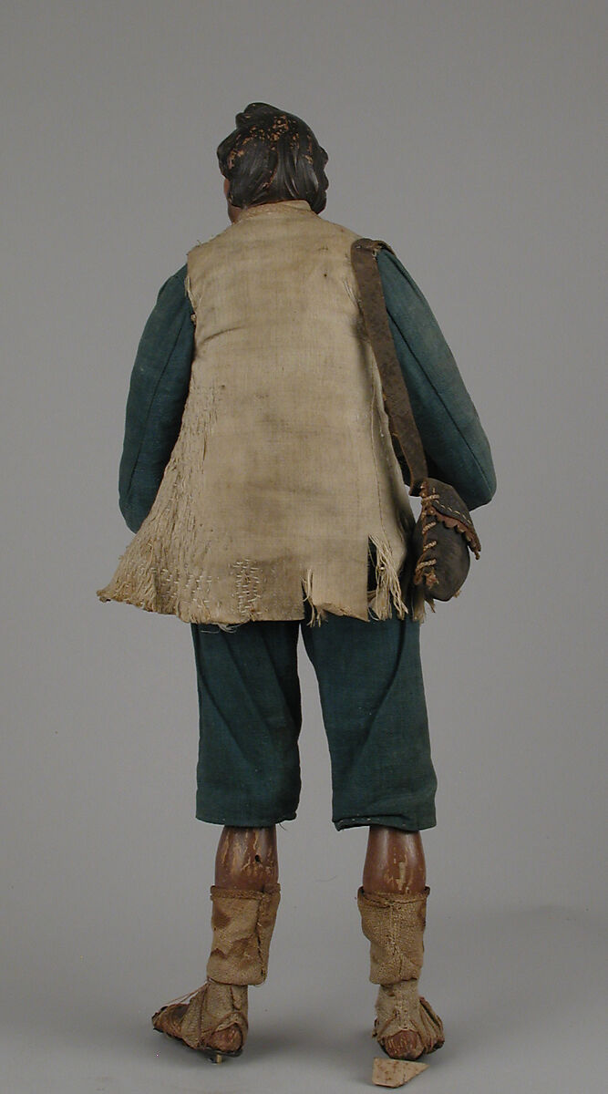 Shepherd, Attributed to Lorenzo Mosca (died 1789), Polychromed terracotta head and wooden limbs; body of wire wrapped in tow; cotton garments; leather belt with silver buckle; leather shoes and shoulder bag, Italian, Naples