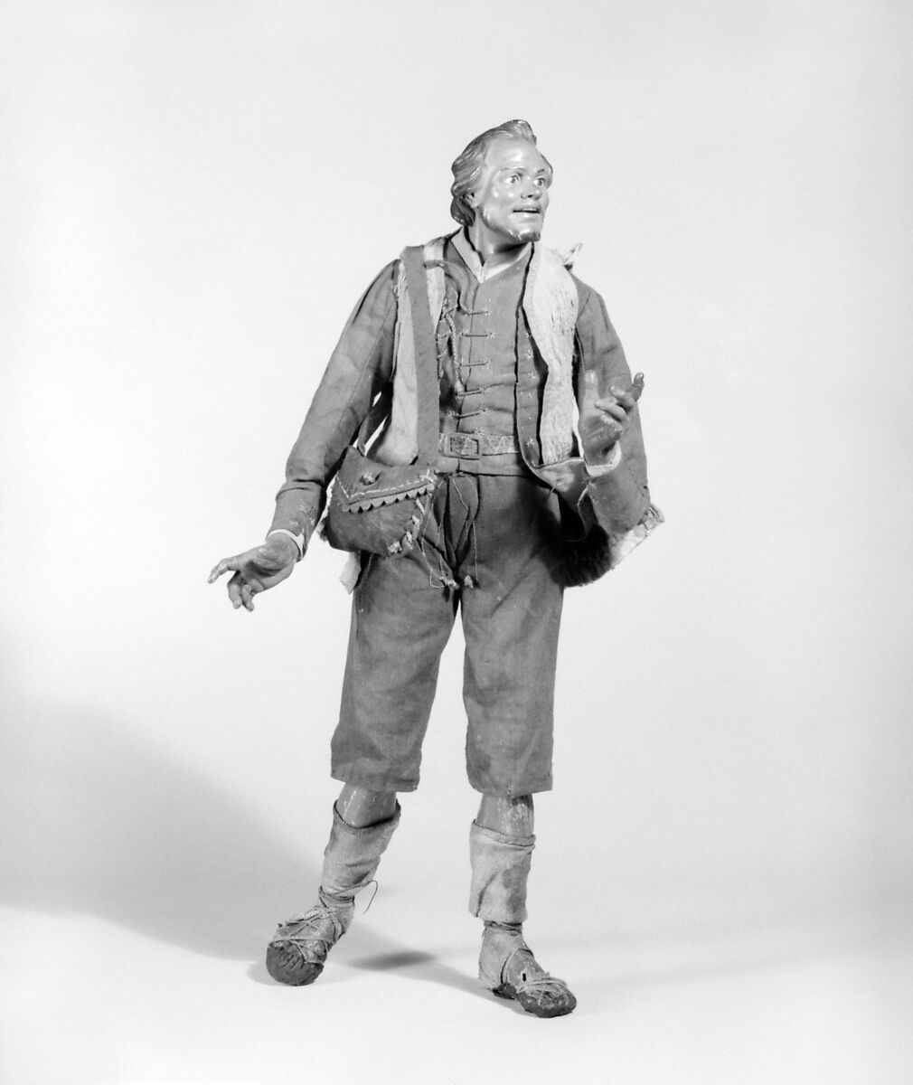 Shepherd, Attributed to Lorenzo Mosca (died 1789), Polychromed terracotta head and wooden limbs; body of wire wrapped in tow; cotton garments; leather belt with silver buckle; leather shoes and shoulder bag, Italian, Naples