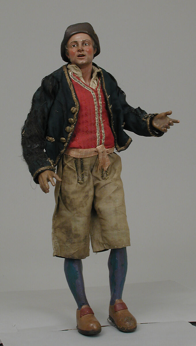 Man, Polychromed terracotta head and wooden limbs; body of wire wrapped in tow; cotton and silk garments with gold buttons as well as buttons wrapped in silver thread, Italian, Naples