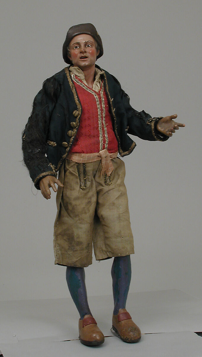 Man, Polychromed terracotta head and wooden limbs; body of wire wrapped in tow; cotton and silk garments with gold buttons as well as buttons wrapped in silver thread, Italian, Naples 