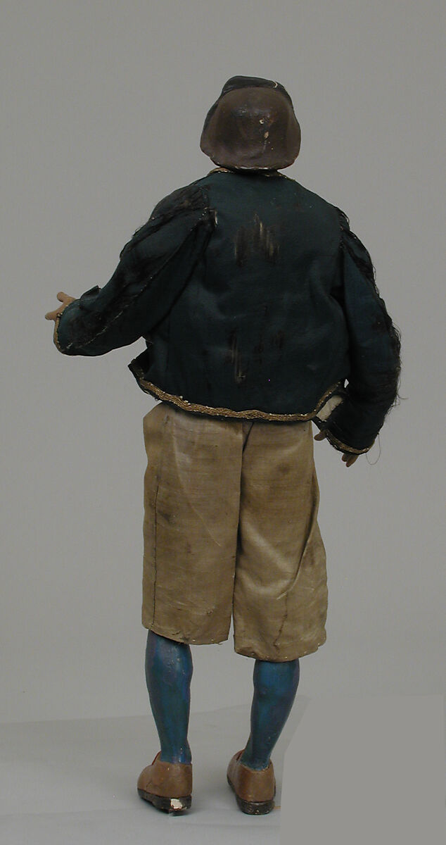 Man, Polychromed terracotta head and wooden limbs; body of wire wrapped in tow; cotton and silk garments with gold buttons as well as buttons wrapped in silver thread, Italian, Naples