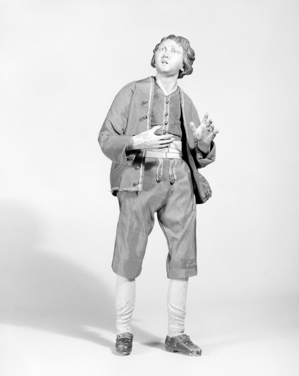 Man, Possibly by Angelo Viva (Italian, Naples 1748–1837 Naples), Polychromed terracotta head and wooden limbs; body of wire wrapped in tow; cotton and silk garments with glass buttons and silver coiled buttons, Italian, Naples