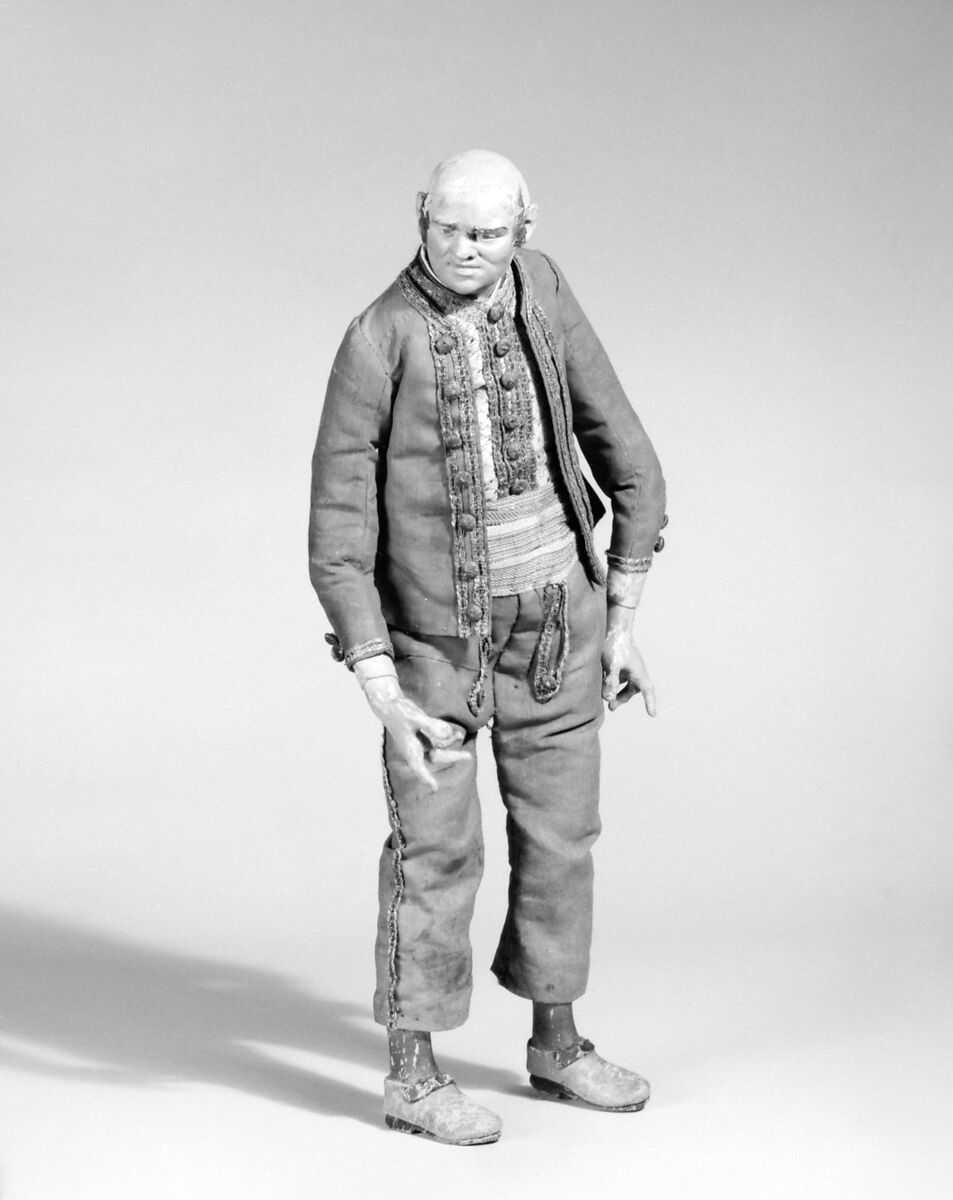 Man, Polychromed terracotta head and wooden limbs; body of wire wrapped in tow; cotton and silk garments with buttons wrapped in silver thread, Italian, Naples