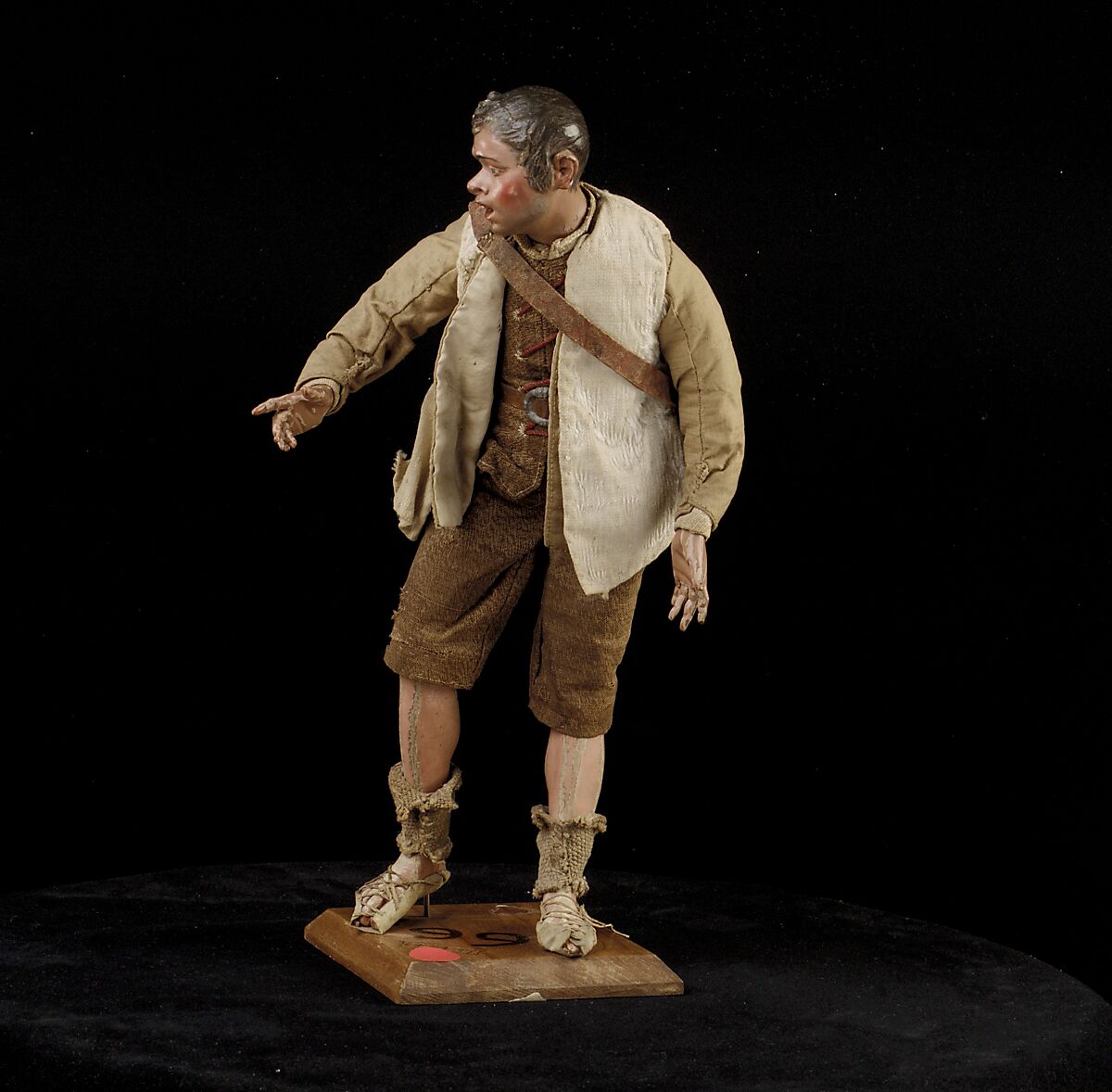 Shepherd, Polychromed terracotta head and wooden limbs; body of wire wrapped in tow; cotton and burlap garments; leather belt, shoes and shoulder bag, Italian, Naples
