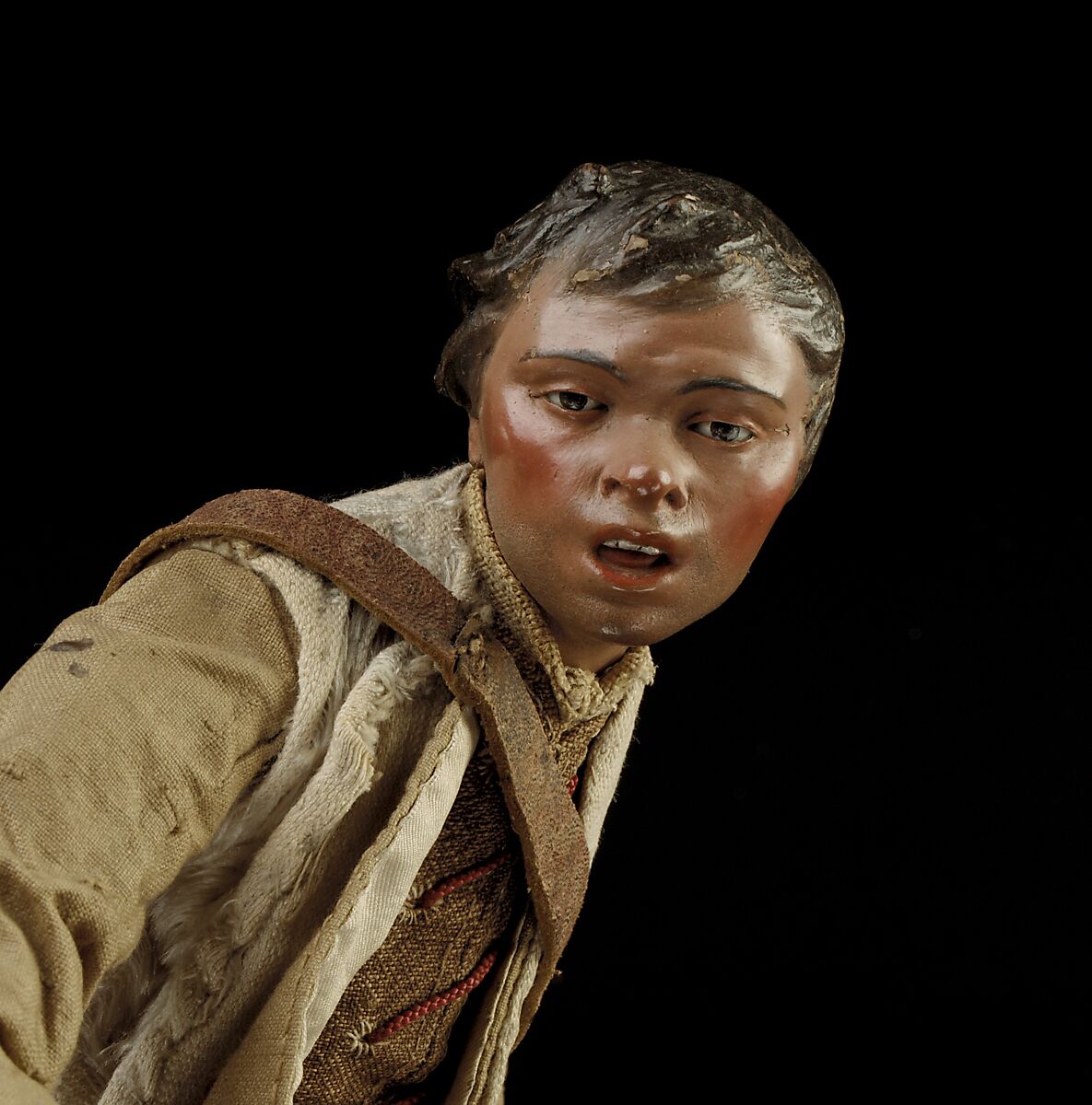 Shepherd, Polychromed terracotta head and wooden limbs; body of wire wrapped in tow; cotton and burlap garments; leather belt, shoes and shoulder bag, Italian, Naples