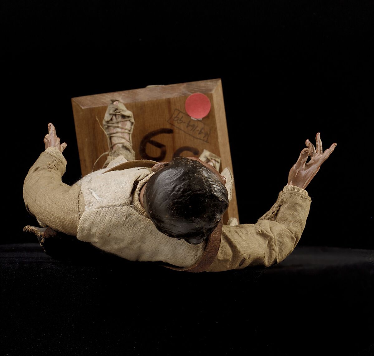 Shepherd, Polychromed terracotta head and wooden limbs; body of wire wrapped in tow; cotton and burlap garments; leather belt, shoes and shoulder bag, Italian, Naples