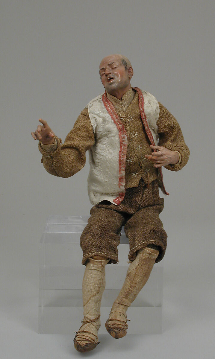 Shepherd, Polychromed terracotta head and wooden limbs; body of wire wrapped in tow; cotton and burlap garments; leather soles, Italian, Naples 