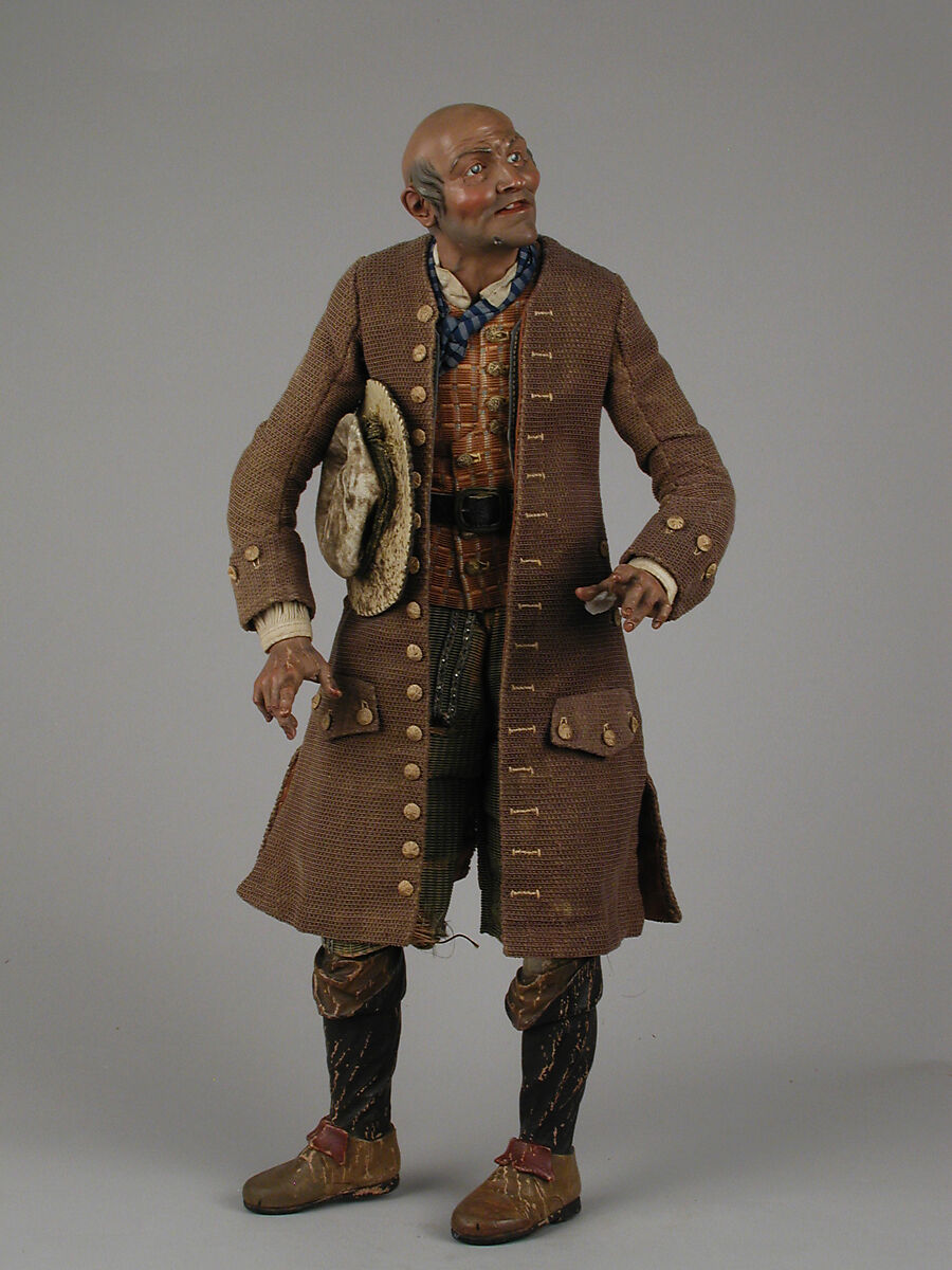 Man, Lorenzo Mosca, Polychromed terracotta head and wooden limbs; body of wire wrapped in tow; cotton and silk garments with silver thread-wrapped buttons; leather belt with gold buckle, Italian, Naples