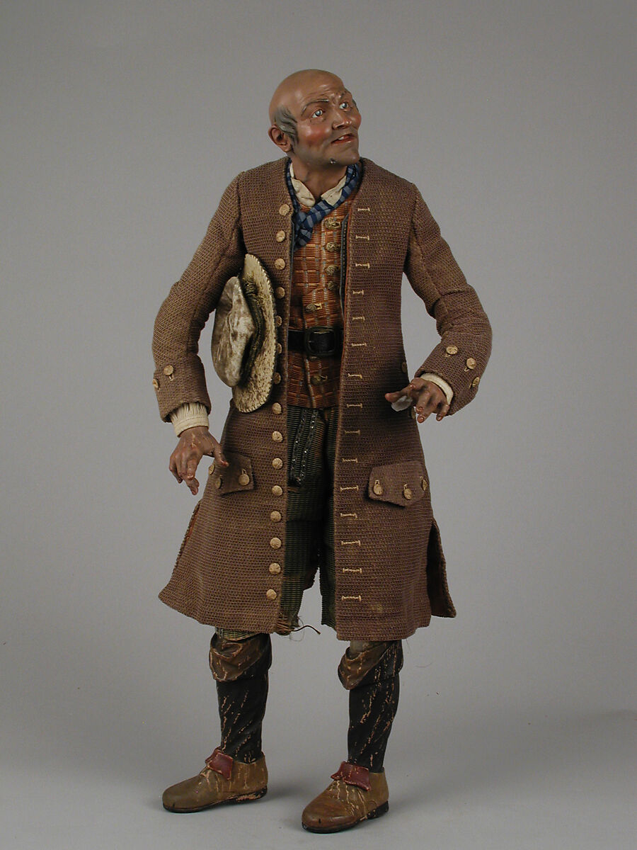 Man, Lorenzo Mosca (died 1789), Polychromed terracotta head and wooden limbs; body of wire wrapped in tow; cotton and silk garments with silver thread-wrapped buttons; leather belt with gold buckle, Italian, Naples 