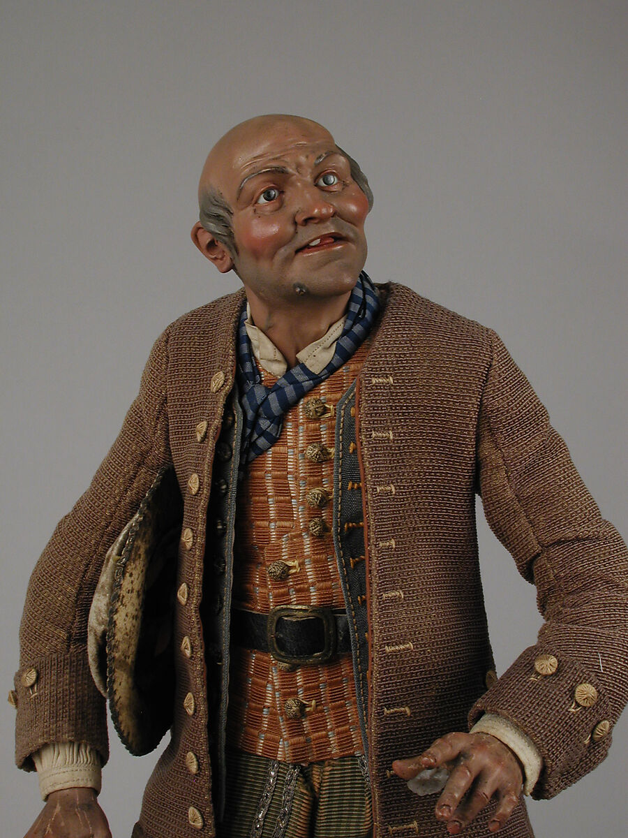 Man, Lorenzo Mosca (died 1789), Polychromed terracotta head and wooden limbs; body of wire wrapped in tow; cotton and silk garments with silver thread-wrapped buttons; leather belt with gold buckle, Italian, Naples