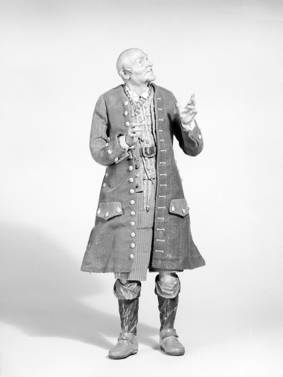 Man, Lorenzo Mosca (died 1789), Polychromed terracotta head and wooden limbs; body of wire wrapped in tow; cotton and silk garments with silver thread-wrapped buttons; leather belt with gold buckle, Italian, Naples