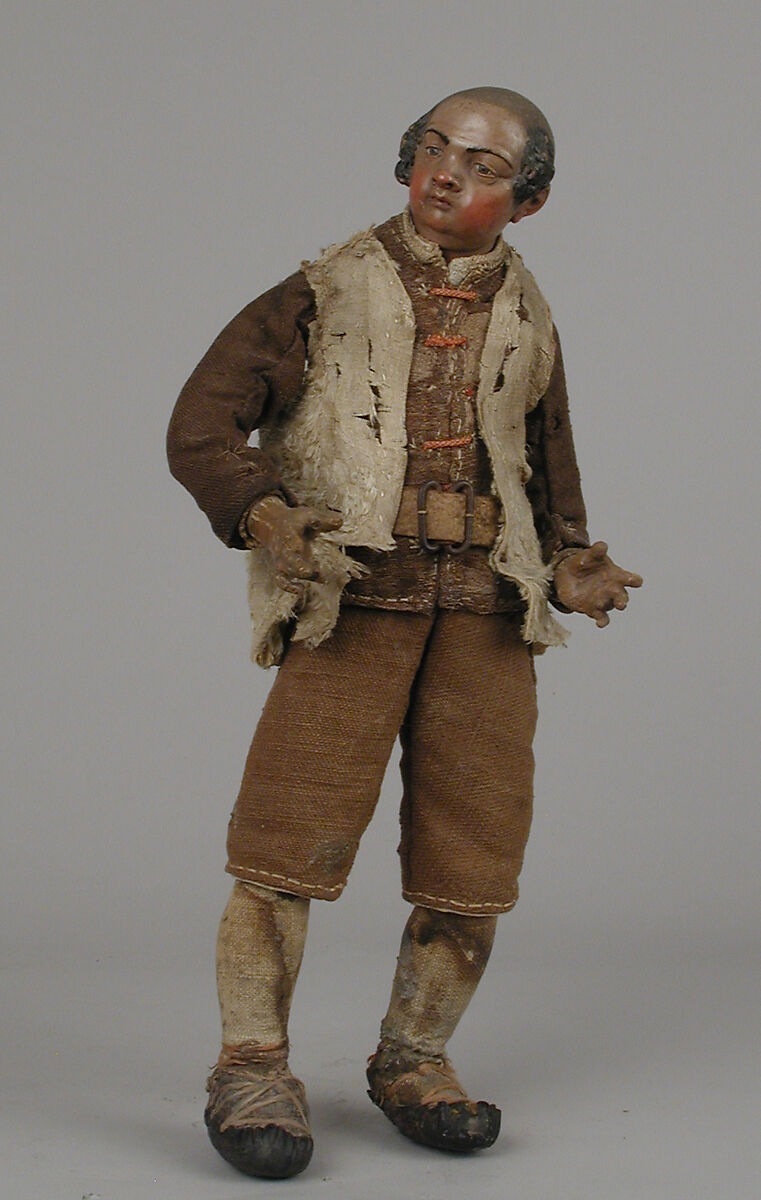 Shepherd, Polychromed terracotta head and wooden limbs; body of wire wrapped in tow; cotton and silk garments; leather belt with metal buckle; leather shoes, Italian, Naples 