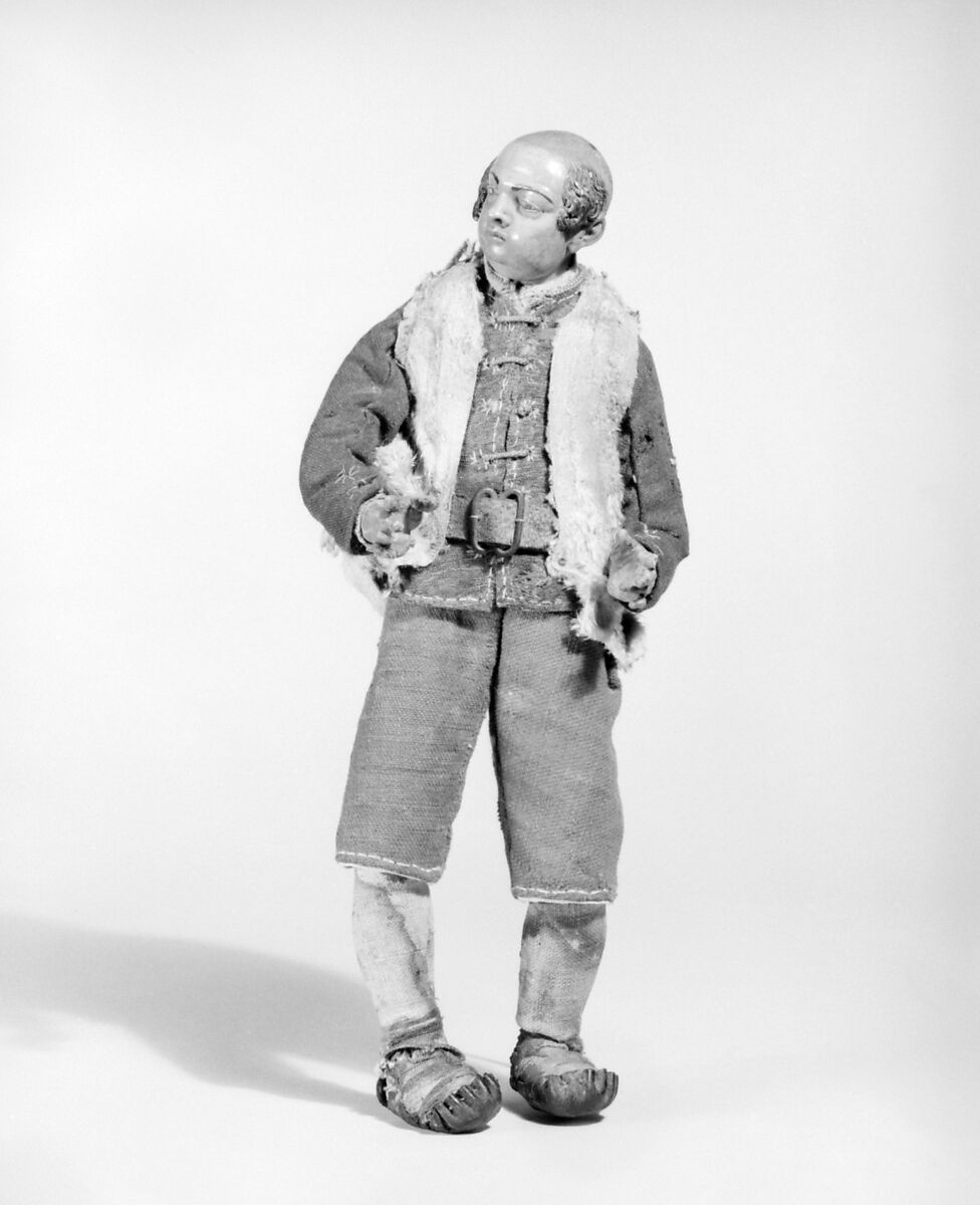 Shepherd, Polychromed terracotta head and wooden limbs; body of wire wrapped in tow; cotton and silk garments; leather belt with metal buckle; leather shoes, Italian, Naples