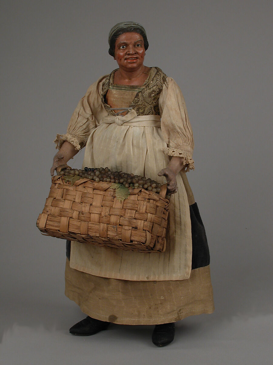 Peasant woman, Matteo Bottigheri, Polychromed terracotta head and wooden limbs; body of wire wrapped in tow; cotton and velvet garments; metal buckle on shoe, Italian, Naples 