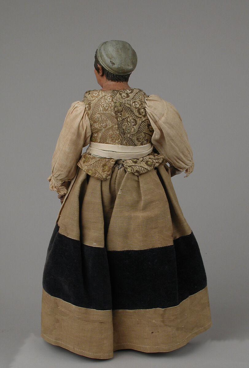 Peasant woman, Matteo Bottigheri, Polychromed terracotta head and wooden limbs; body of wire wrapped in tow; cotton and velvet garments; metal buckle on shoe, Italian, Naples