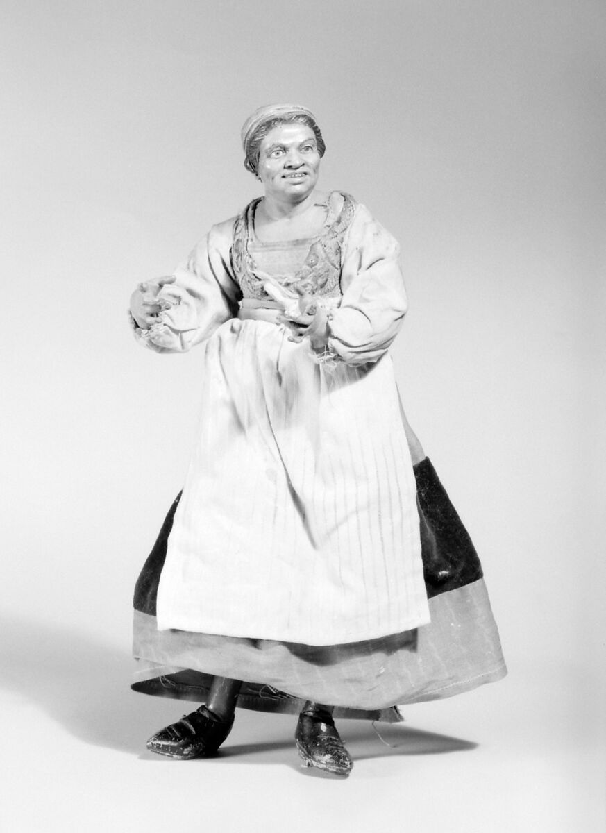 Peasant woman, Matteo Bottigheri, Polychromed terracotta head and wooden limbs; body of wire wrapped in tow; cotton and velvet garments; metal buckle on shoe, Italian, Naples