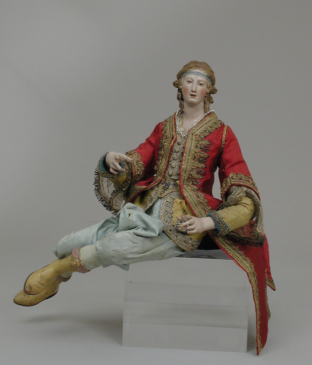 Lady with silver basket, Attributed to Giuseppe Gori (active ca. 1770–1810), Polychromed terracotta head and wooden limbs; body of wire wrapped in tow; satin, silk and velvet garments with lace; gold and silver thread; gold earring with pearls and pearl necklace; silver filigree purse and silver basket, Italian, Naples 