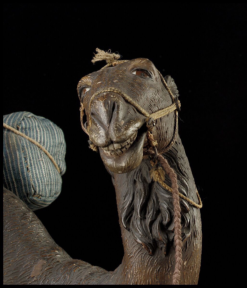 Camel, Polychromed wooden body covered with stucco; wooden saddle and leather girth straps; burlap cushion and leather saddlebags, Italian, Naples