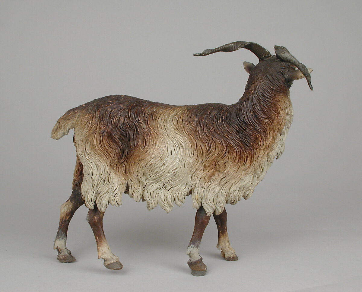 Male adult goat, Polychromed terracotta body, wooden legs, metal horns, Italian, Naples