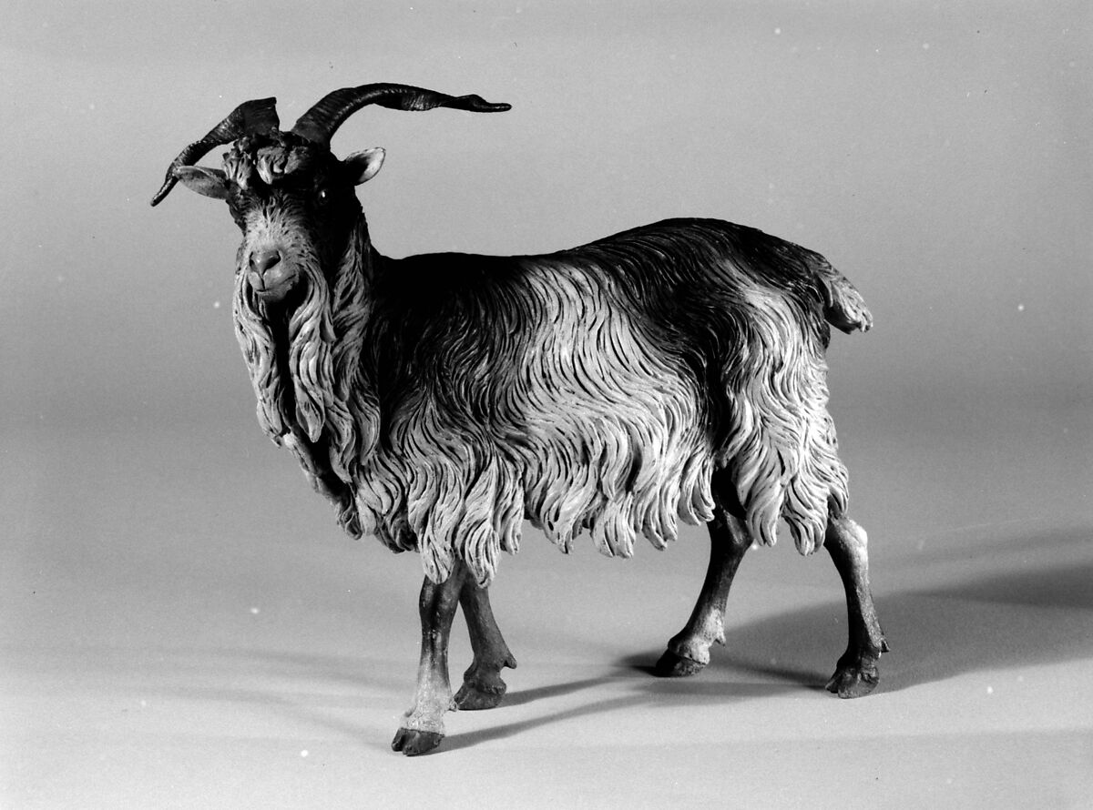 Male adult goat, Polychromed terracotta body, wooden legs, metal horns, Italian, Naples