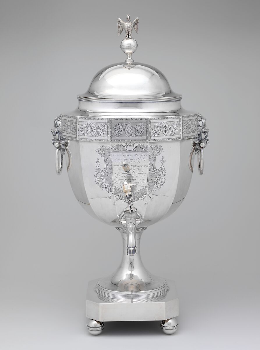Tea or hot water urn, John McMullin (1765–1843), silver with ivory handle, American 
