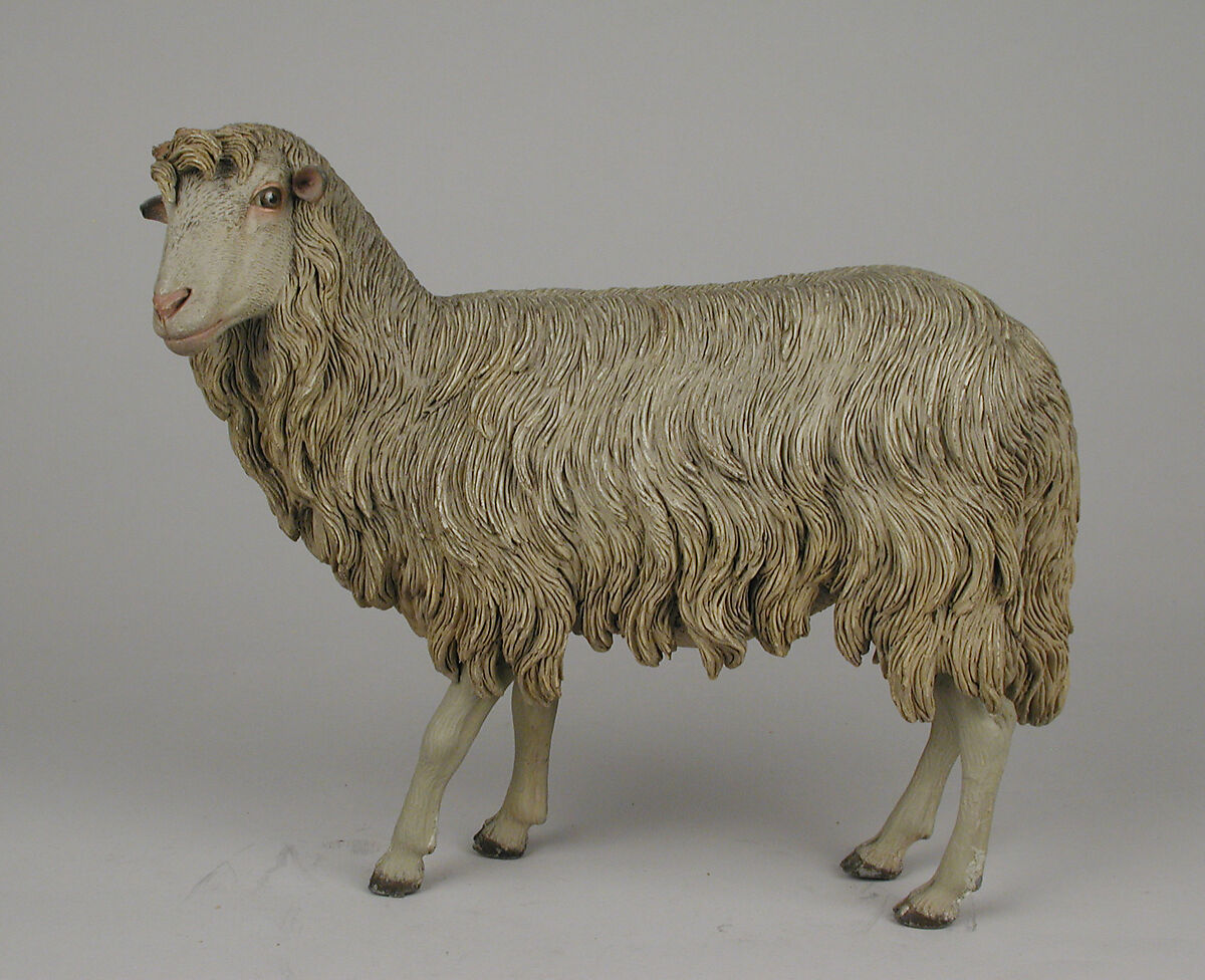 Standing sheep, Possibly by Nicola Vassalo, Polychromed terracotta body, lead ears and legs, Italian, Naples 