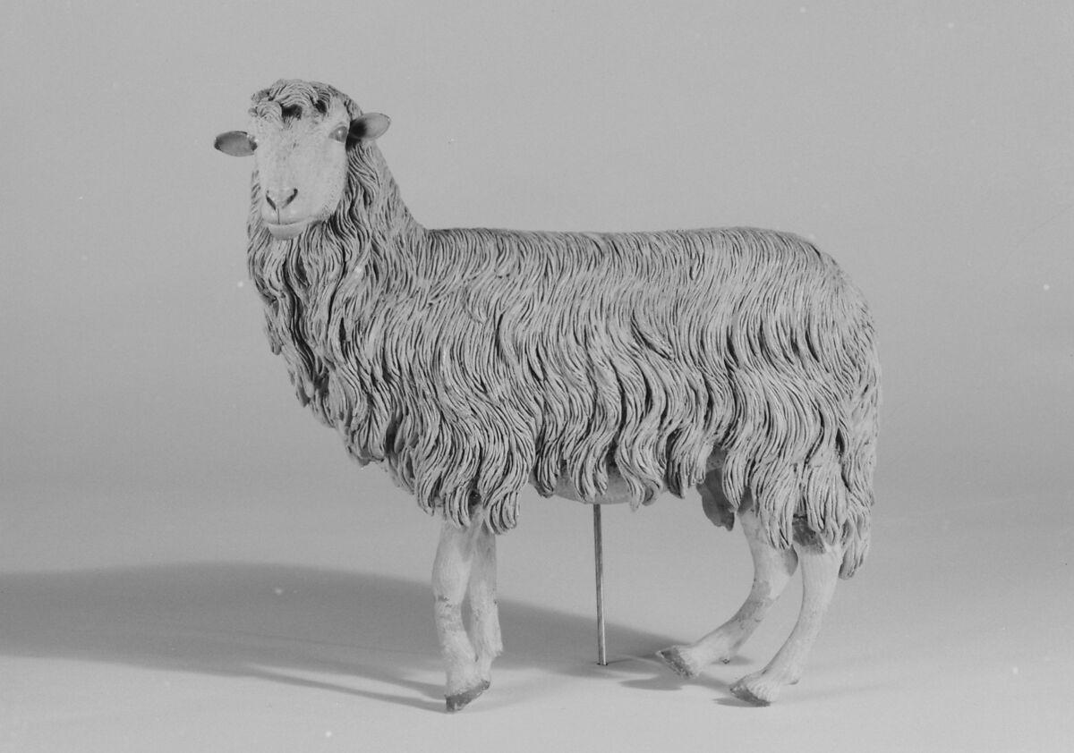 Standing sheep, Possibly by Nicola Vassalo, Polychromed terracotta body, lead ears and legs, Italian, Naples